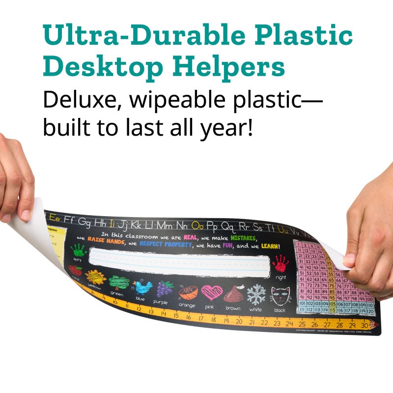 Really Good Stuff 24PK Chalkboard-Style Grades K-2 Self-Adhesive Deluxe Plastic Desktop Reference Nameplate with a Number Line, Alphabet Letters, 2-D and 3-D Shapes, Colors, Left and Right, 120 Grid - Image 2